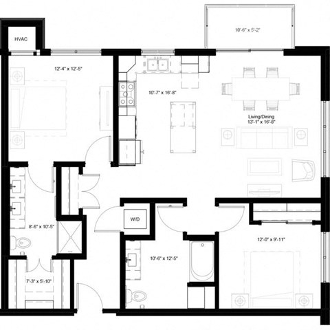 Floor plan for 2 beds, 2 baths, 1168 sqft